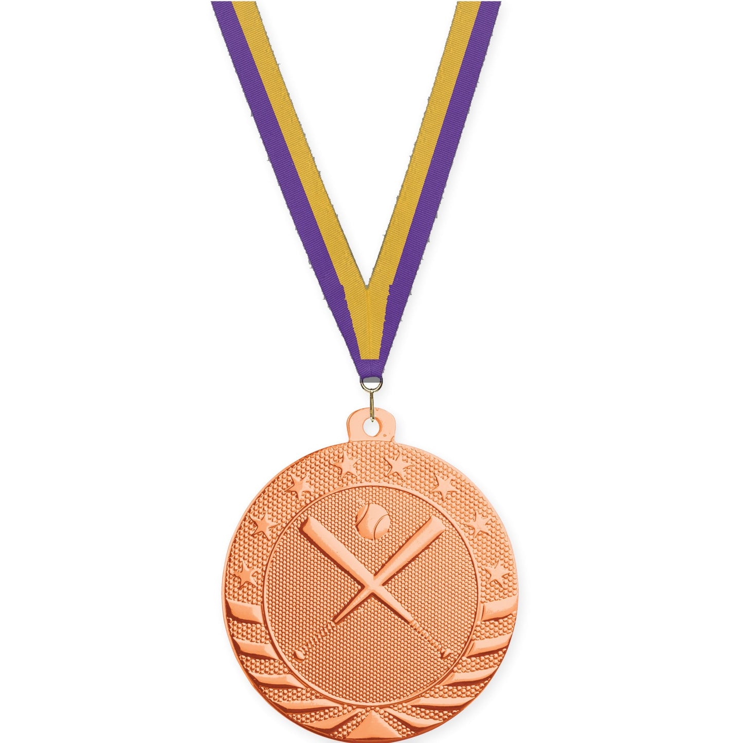 2 inch baseball and softball Starbrite medal in bright bronze with Purple Gold neck ribbon