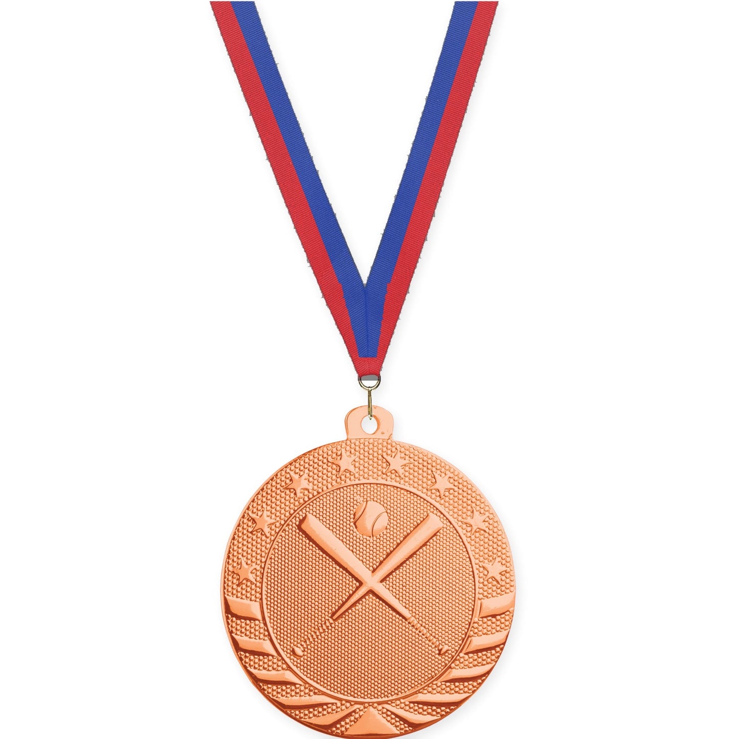 2 inch baseball and softball Starbrite medal in bright bronze with Blue Red neck ribbon