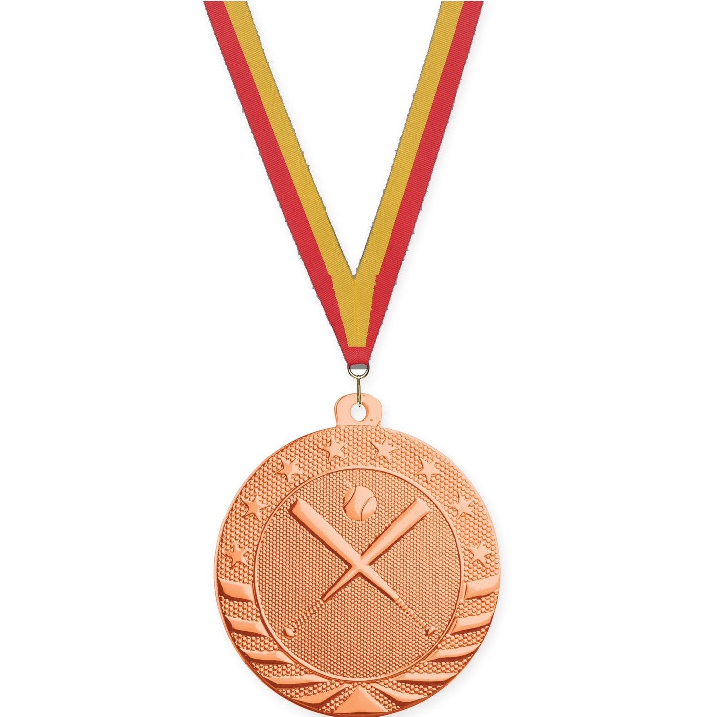 2 inch baseball and softball Starbrite medal in bright bronze with Red Gold neck ribbon