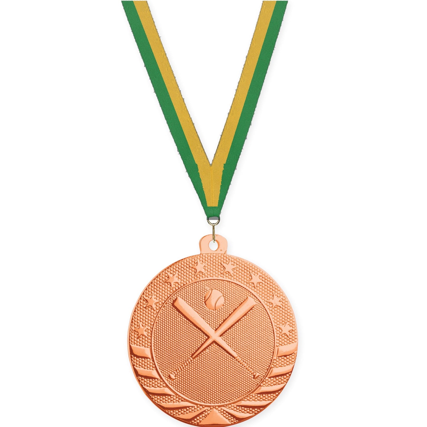 2 inch baseball and softball Starbrite medal in bright bronze with Green Gold neck ribbon