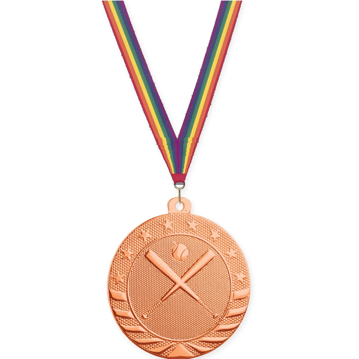 2 inch baseball and softball Starbrite medal in bright bronze with Rainbow neck ribbon
