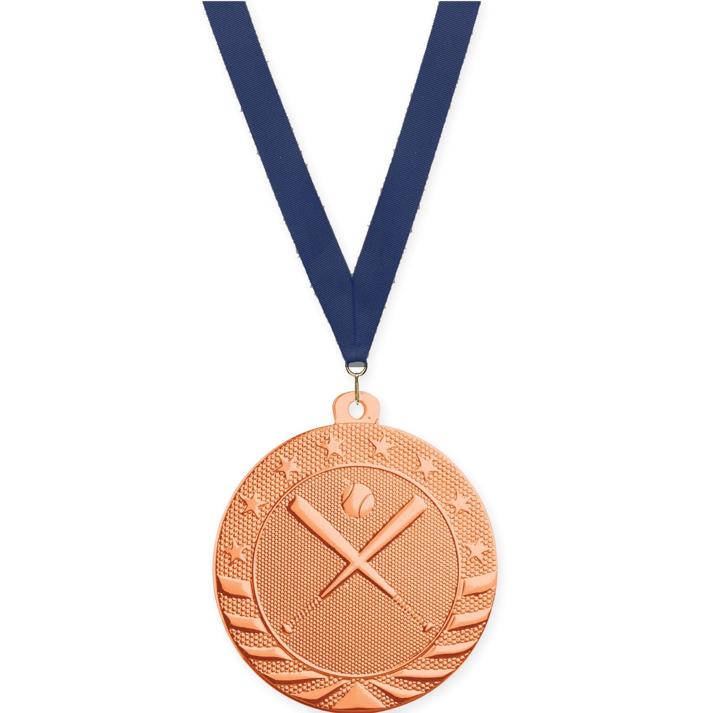 2 inch baseball and softball Starbrite medal in bright bronze with Navy neck ribbon