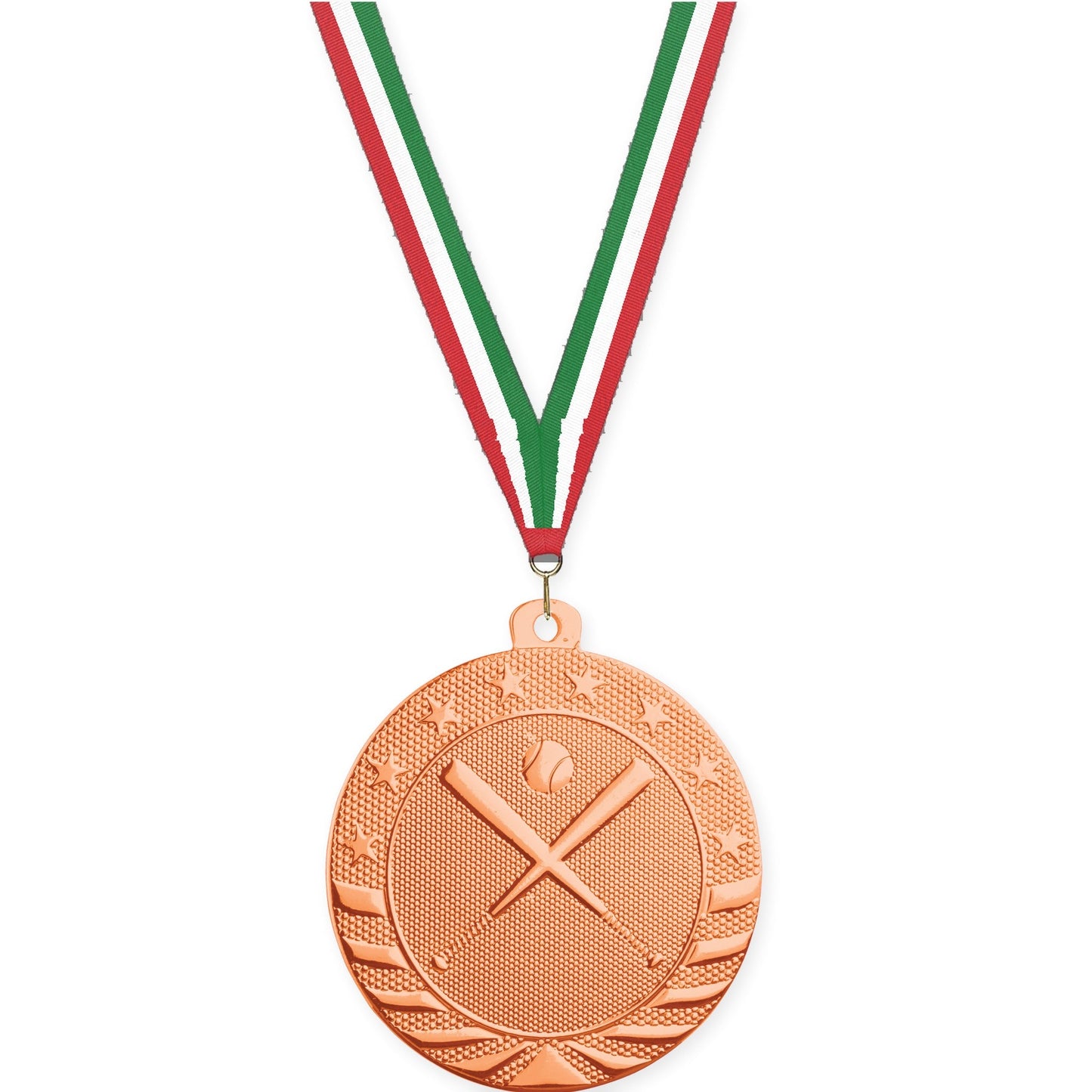 2 inch baseball and softball Starbrite medal in bright bronze with Red White Green neck ribbon