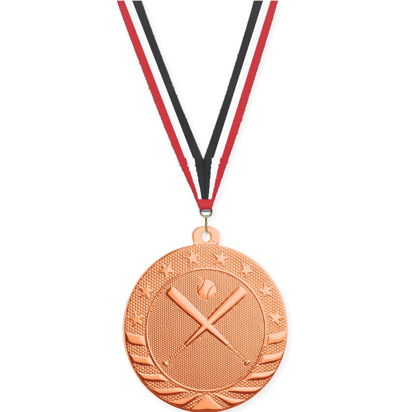 2 inch baseball and softball Starbrite medal in bright bronze with Red White Black neck ribbon