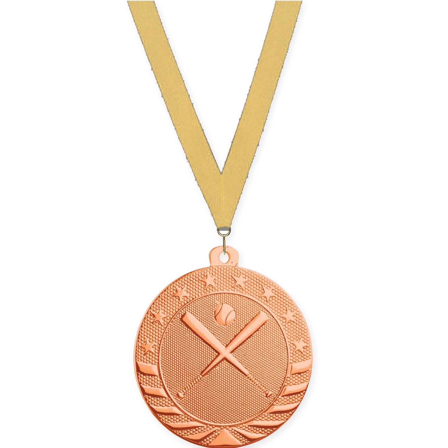 2 inch baseball and softball Starbrite medal in bright bronze with Gold Metallic neck ribbon