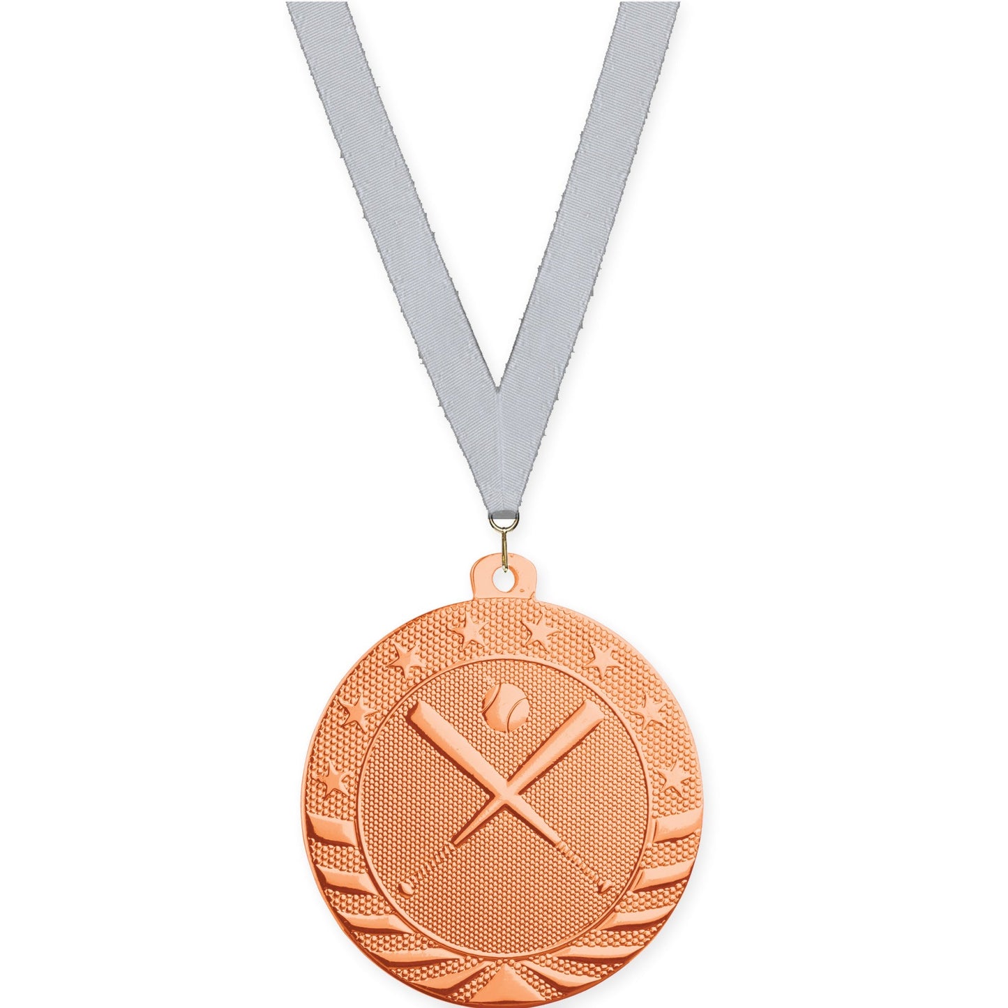 2 inch baseball and softball Starbrite medal in bright bronze with Silver Metallic neck ribbon