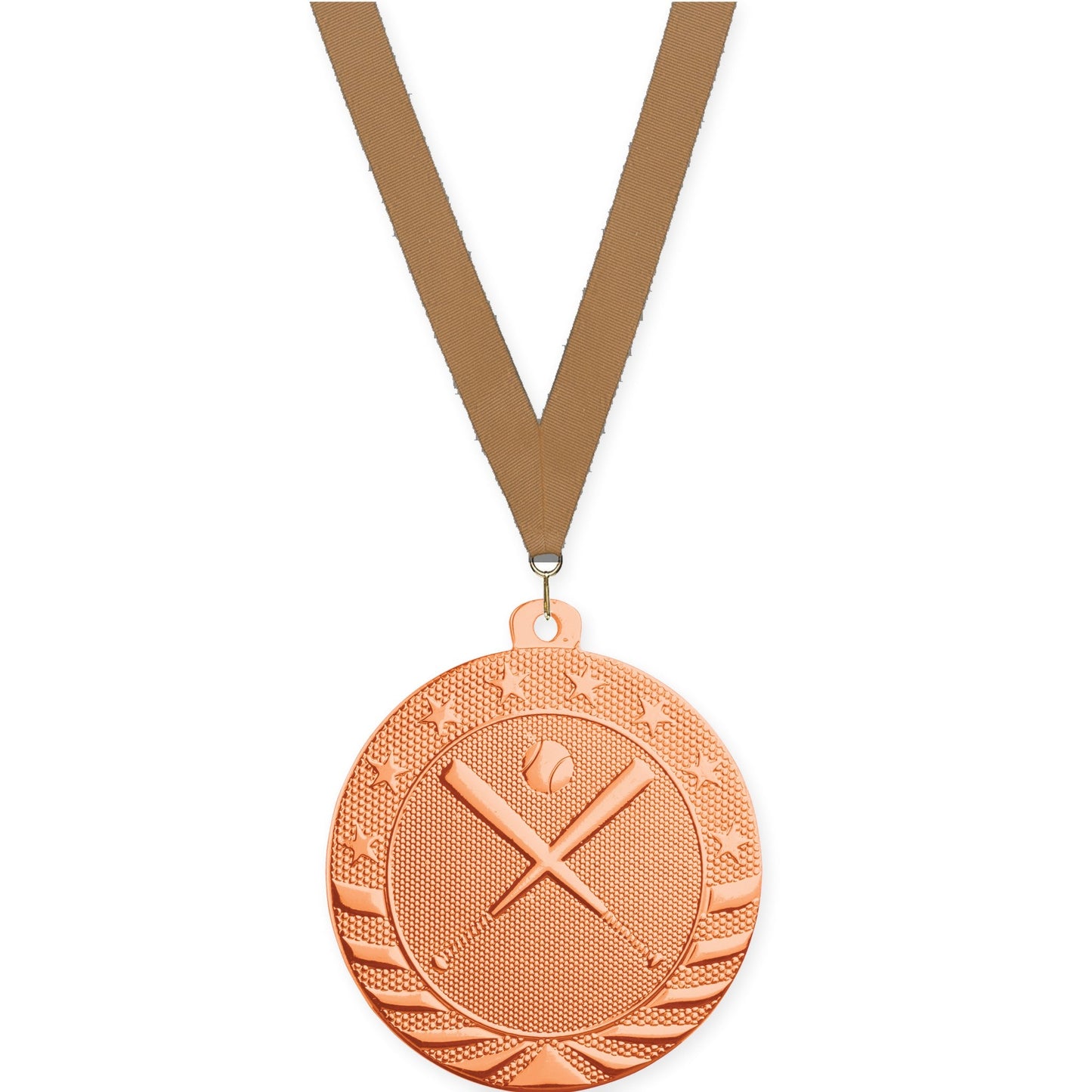 2 inch baseball and softball Starbrite medal in bright bronze with Bronze Metallic neck ribbon