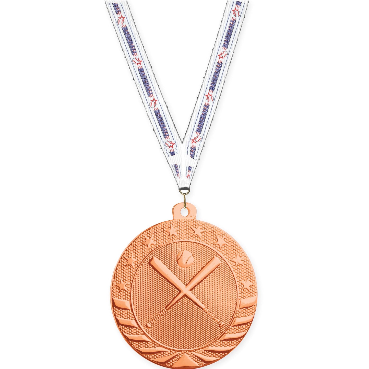 2 inch baseball and softball Starbrite medal in bright bronze with Baseball neck ribbon