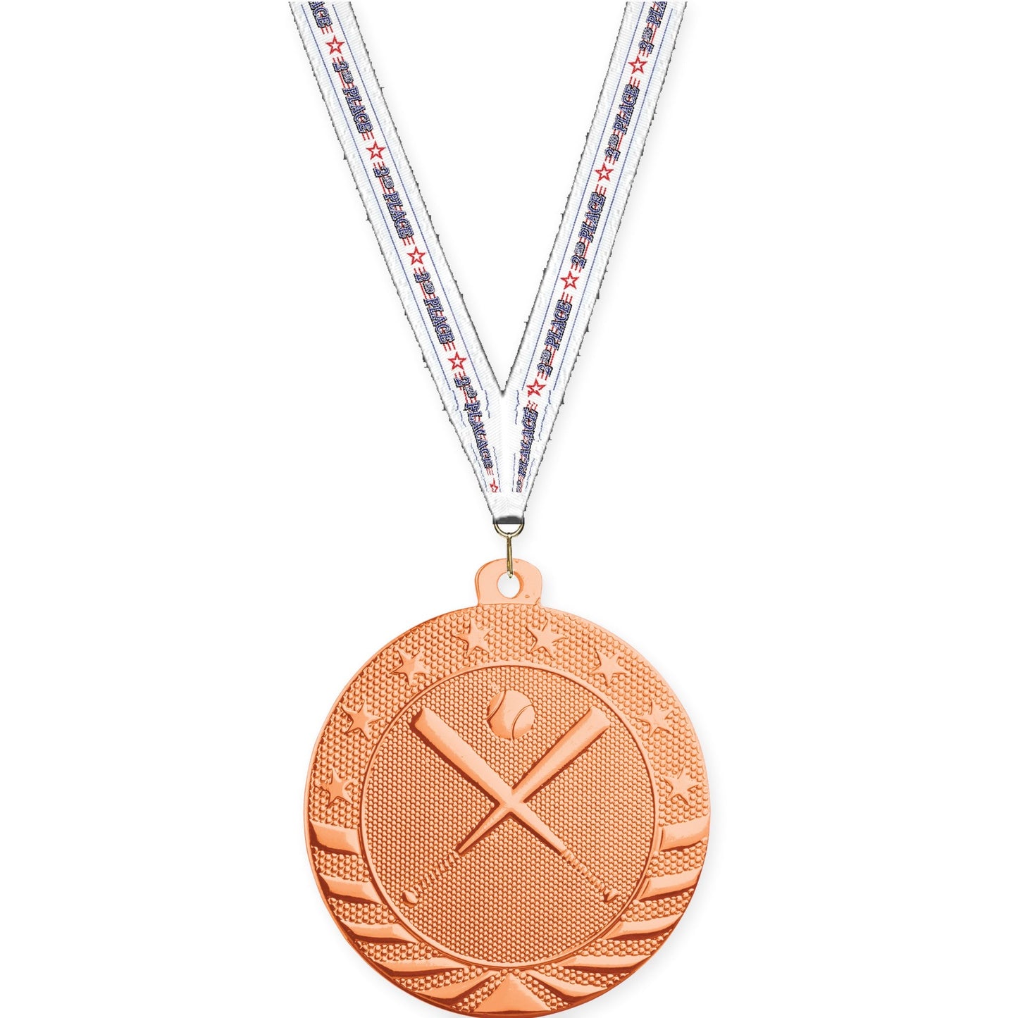 2 inch baseball and softball Starbrite medal in bright bronze with 2nd Place neck ribbon