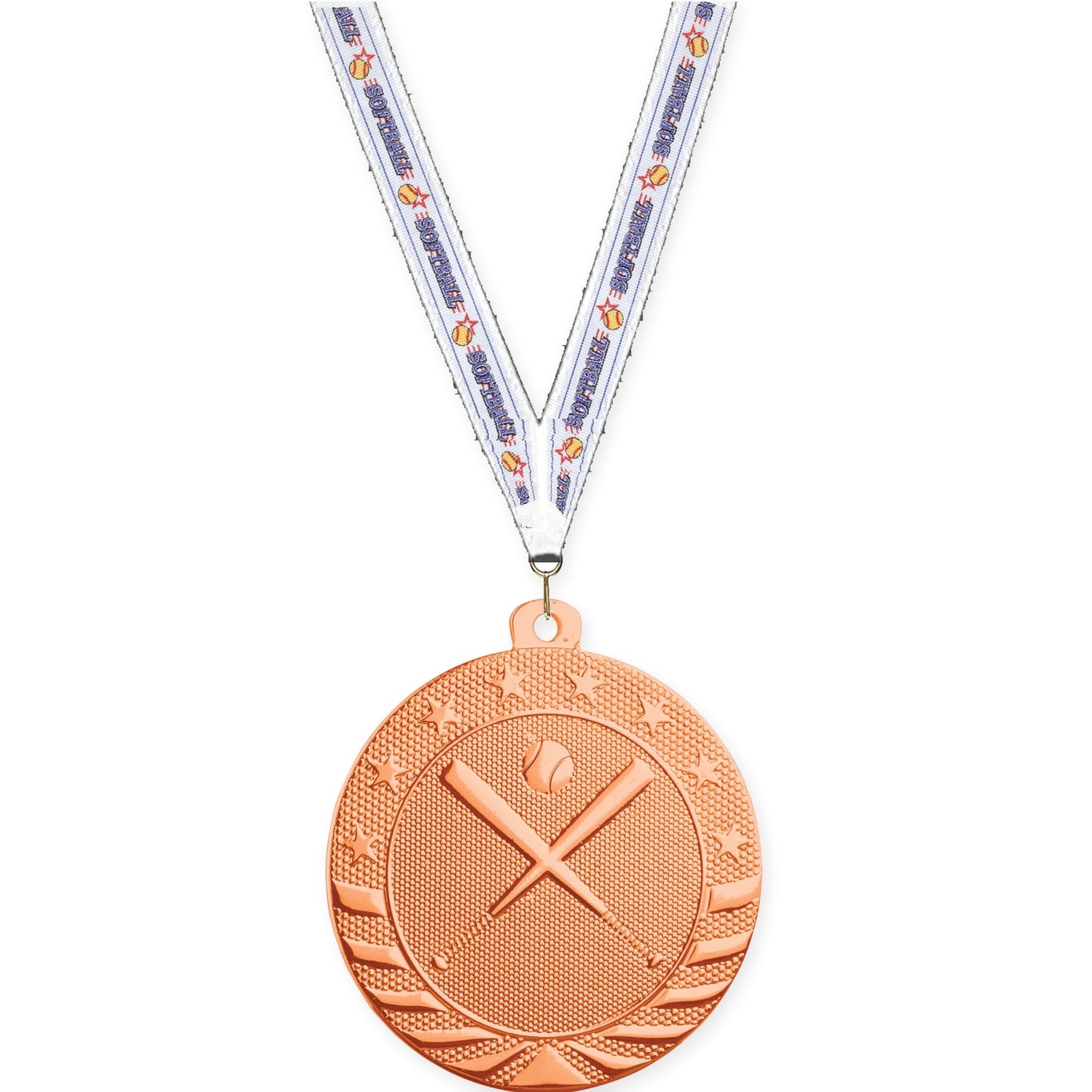 2 inch baseball and softball Starbrite medal in bright bronze with Softball neck ribbon