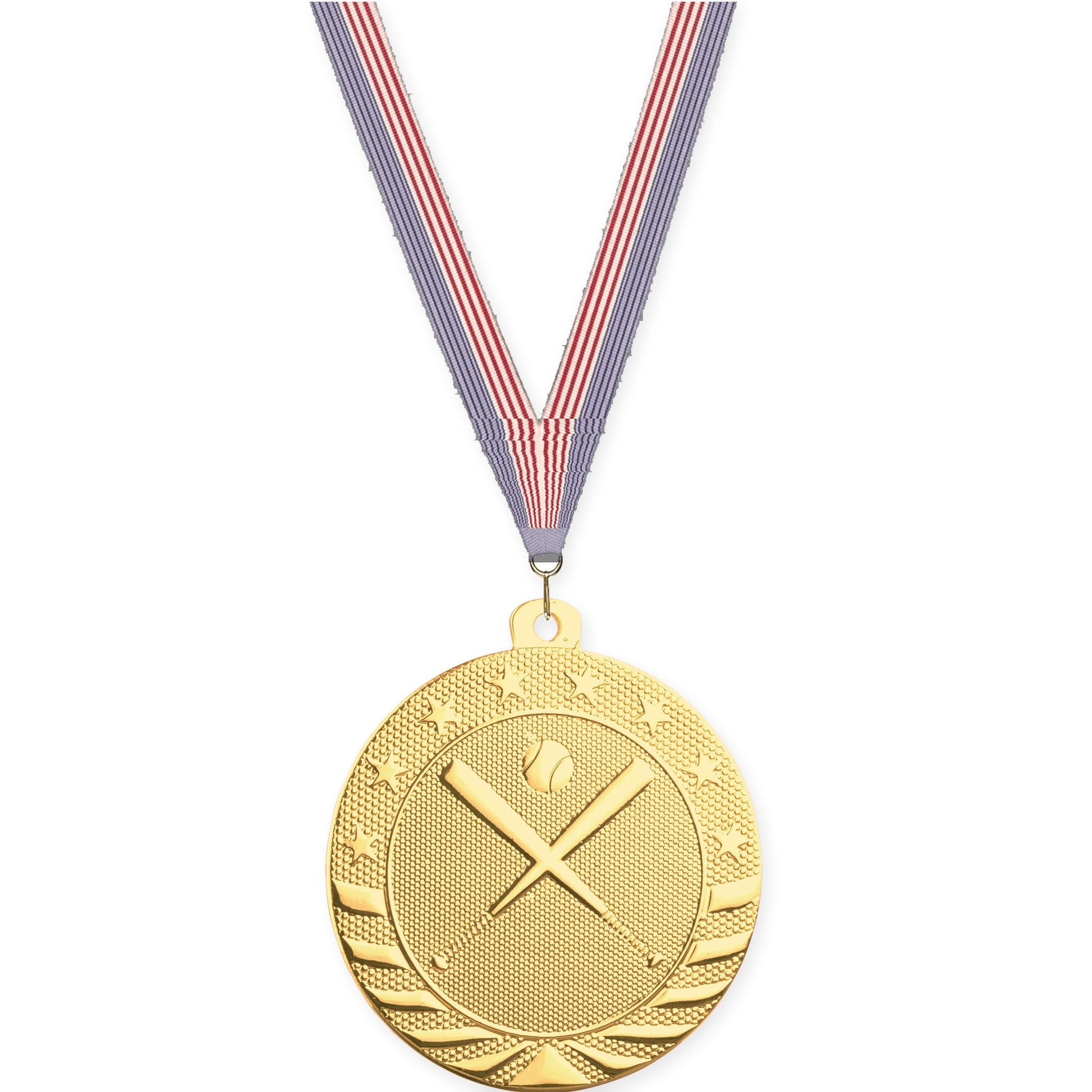 2 inch baseball and softball Starbrite medal in bright gold with USA Flag neck ribbon