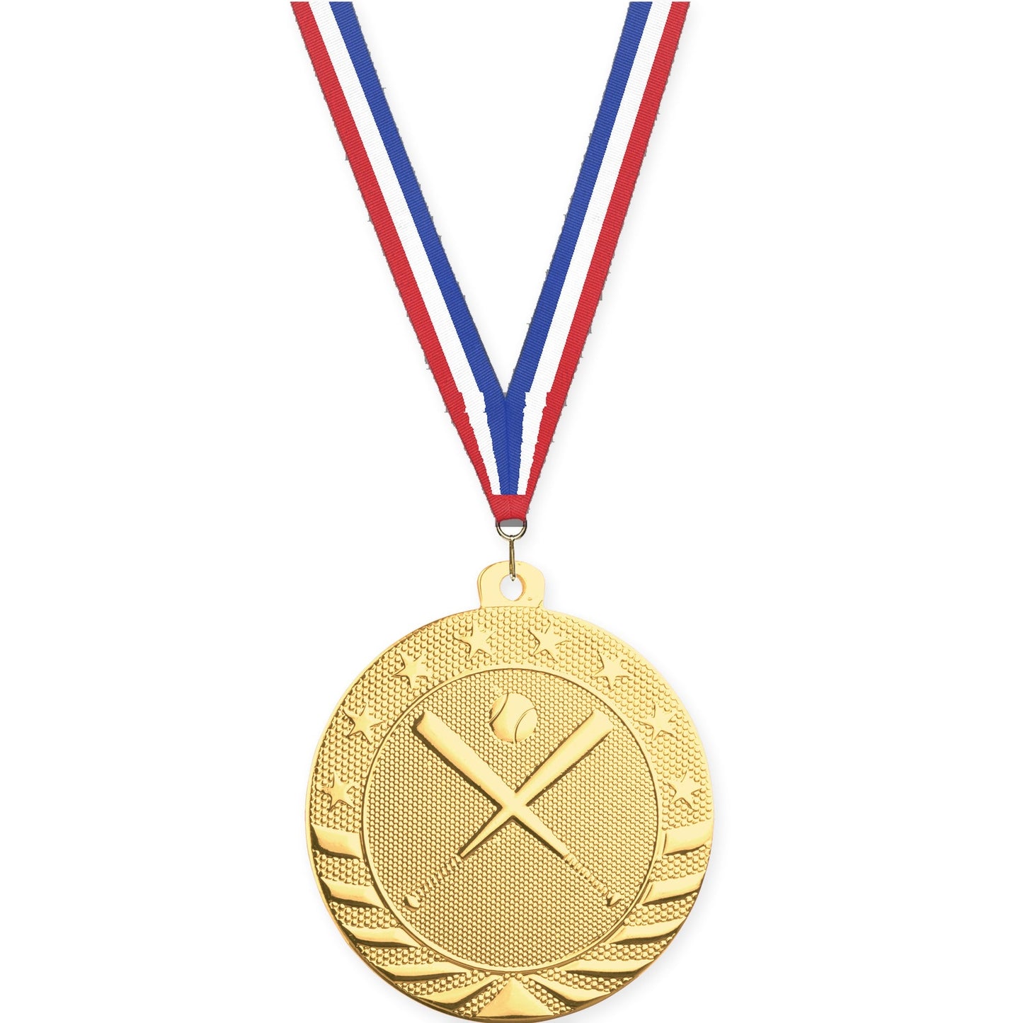 2 inch baseball and softball Starbrite medal in bright gold with Red White Blue neck ribbon