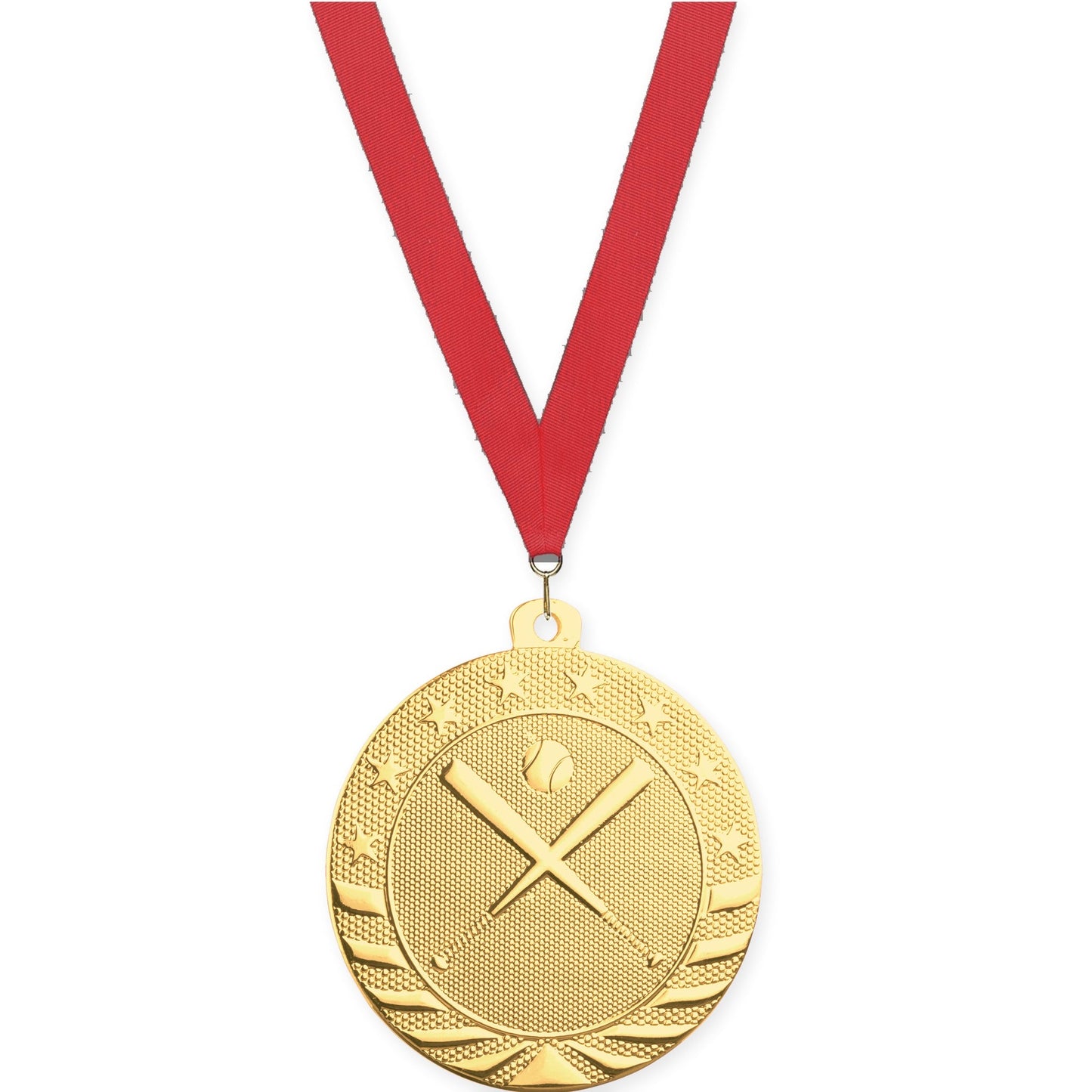 2 inch baseball and softball Starbrite medal in bright gold with Red neck ribbon