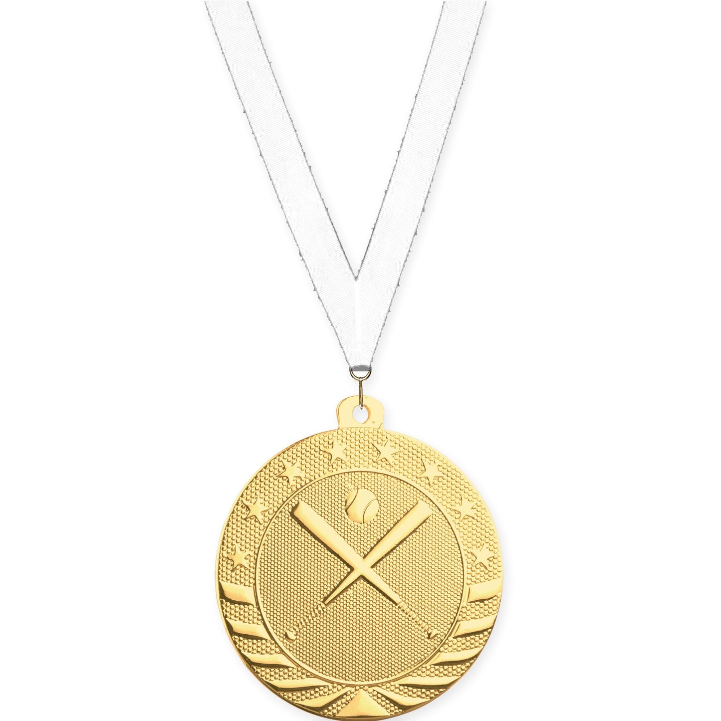 2 inch baseball and softball Starbrite medal in bright gold with White neck ribbon