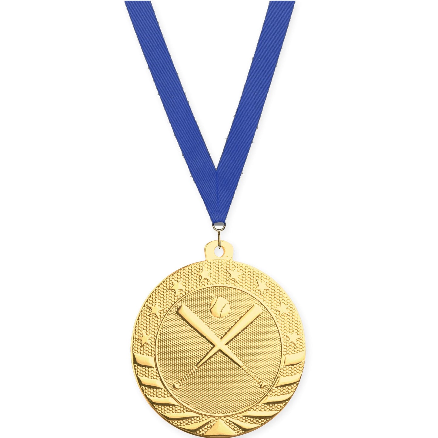 2 inch baseball and softball Starbrite medal in bright gold with Blue neck ribbon
