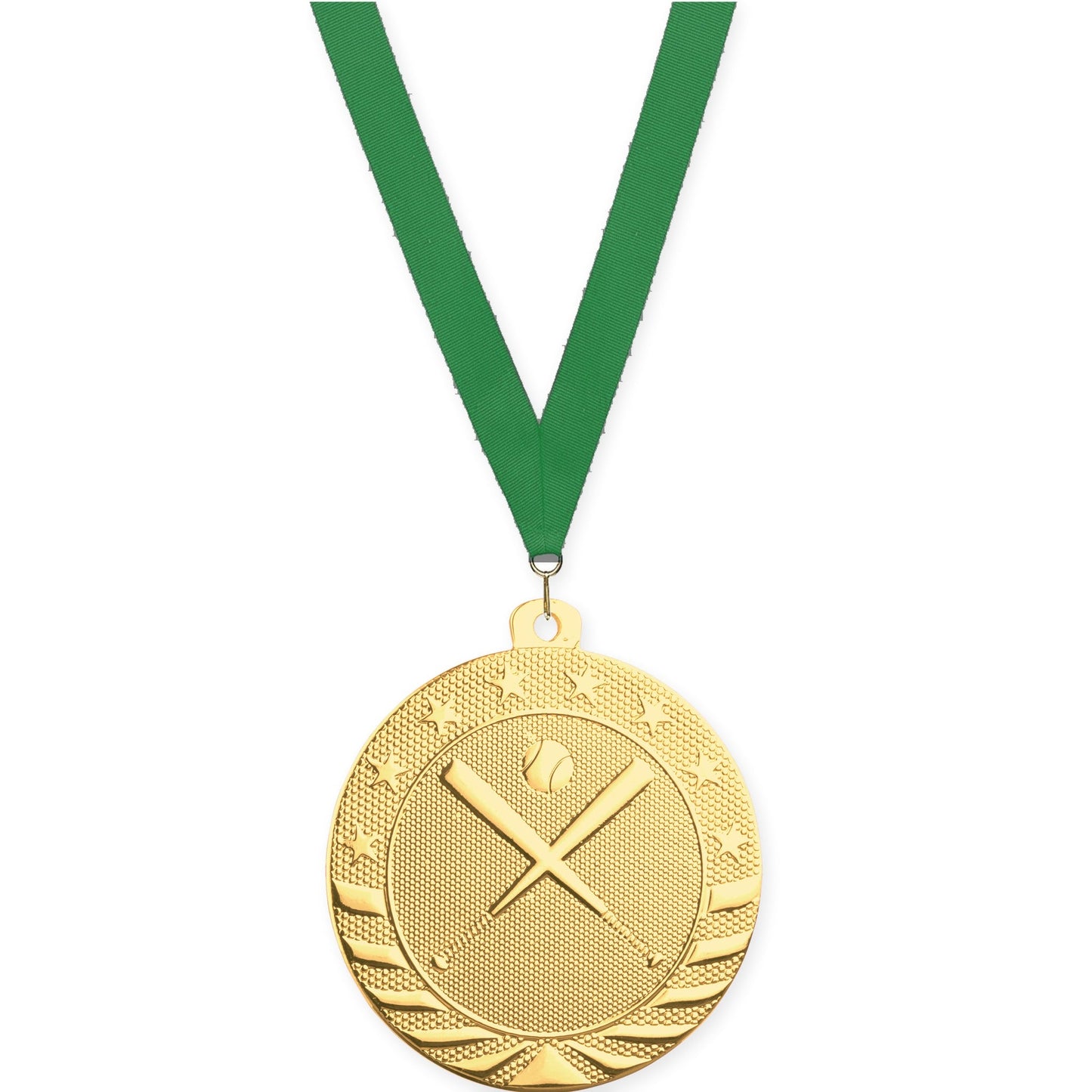 2 inch baseball and softball Starbrite medal in bright gold with Green neck ribbon