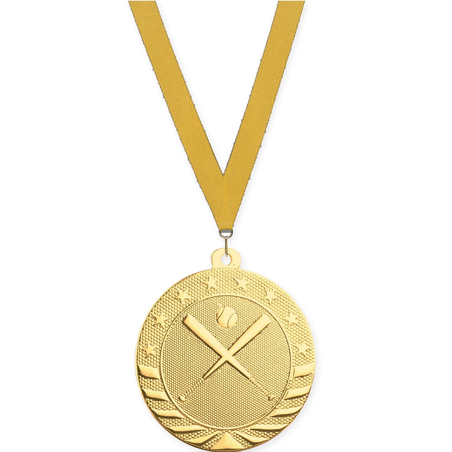 2 inch baseball and softball Starbrite medal in bright gold with Gold neck ribbon