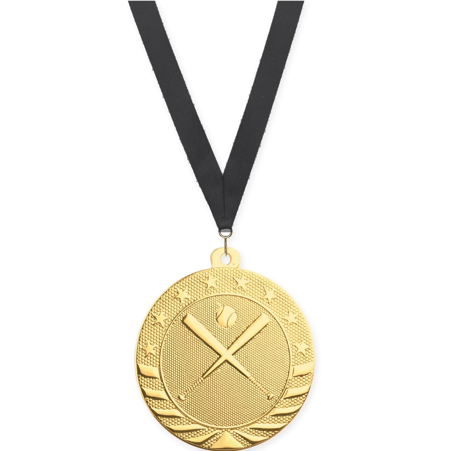 2 inch baseball and softball Starbrite medal in bright gold with Black neck ribbon
