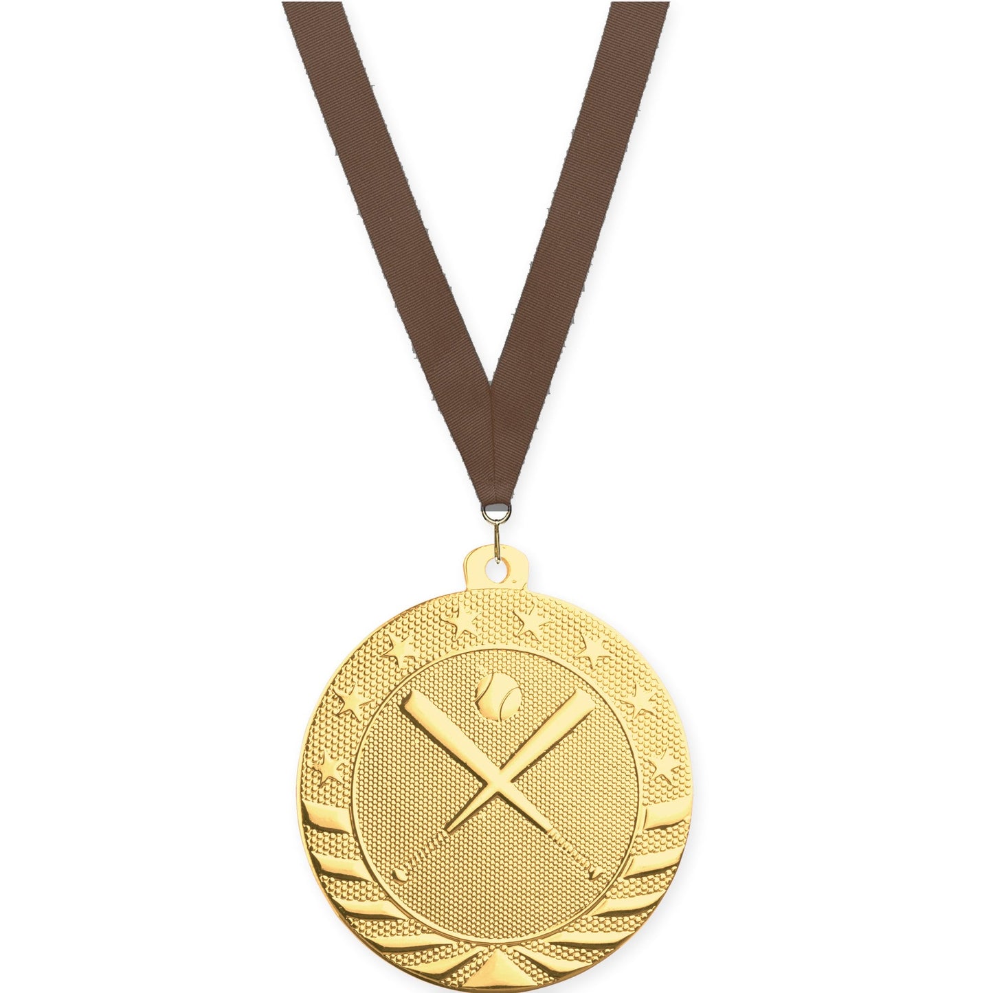 2 inch baseball and softball Starbrite medal in bright gold with Brown neck ribbon