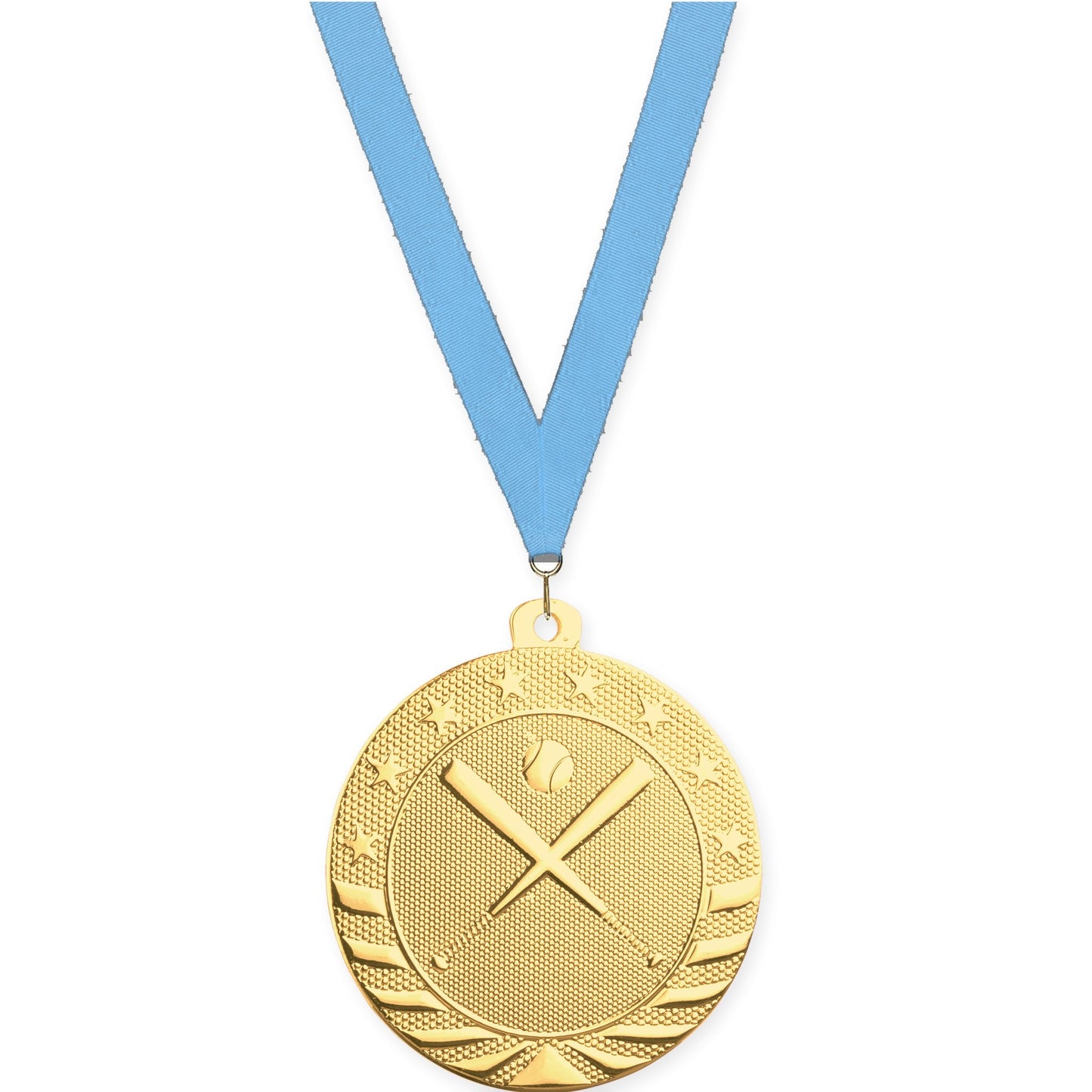 2 inch baseball and softball Starbrite medal in bright gold with Light Blue neck ribbon