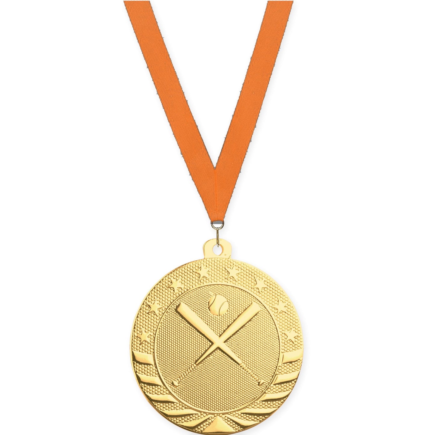 2 inch baseball and softball Starbrite medal in bright gold with Orange neck ribbon