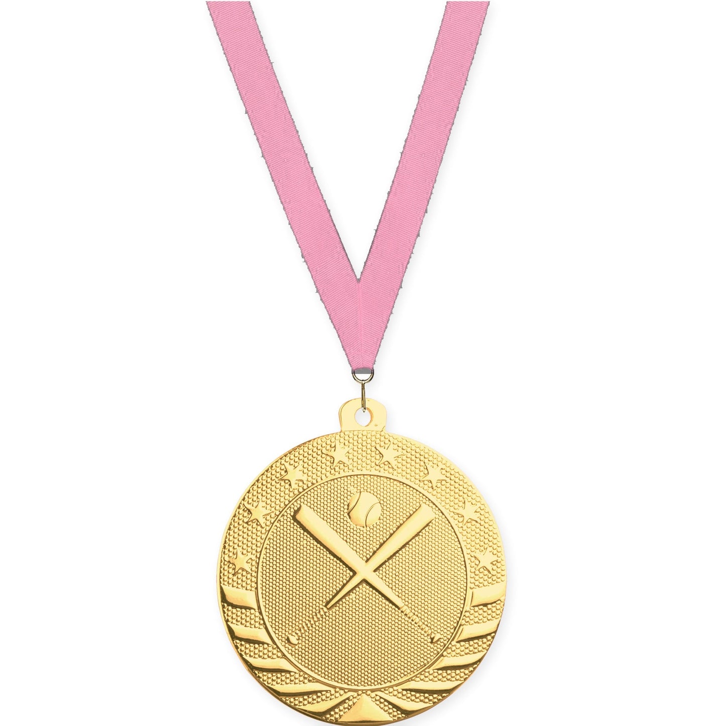 2 inch baseball and softball Starbrite medal in bright gold with Pink neck ribbon