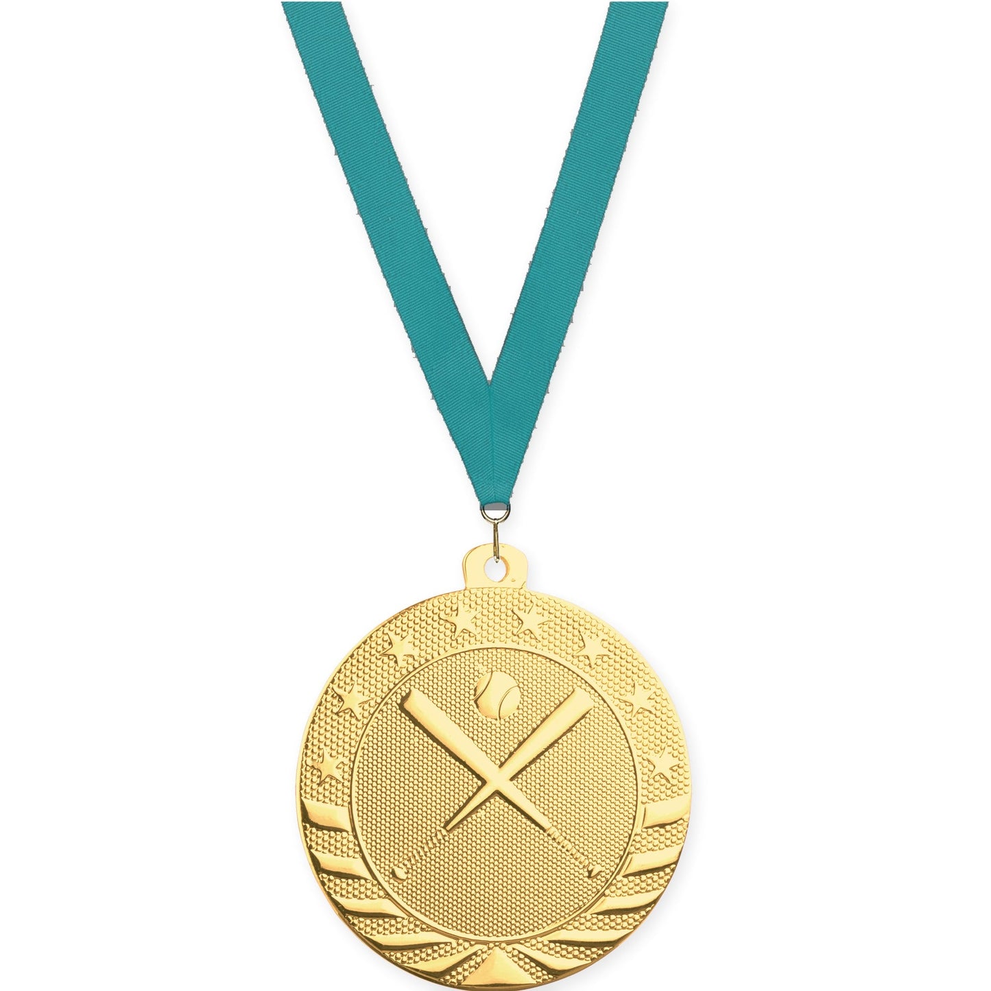 2 inch baseball and softball Starbrite medal in bright gold with Teal neck ribbon
