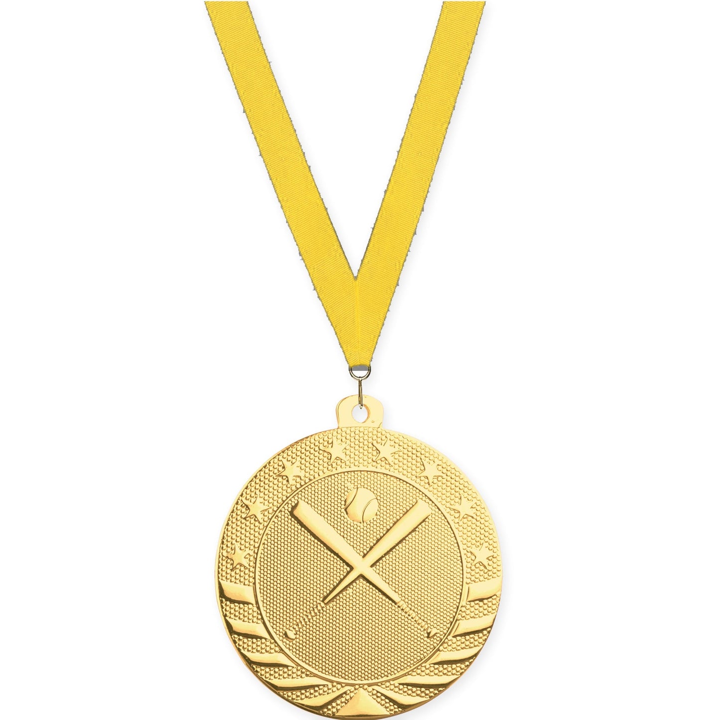 2 inch baseball and softball Starbrite medal in bright gold with Yellow neck ribbon