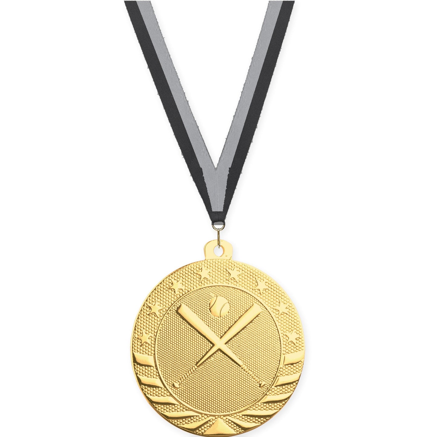2 inch baseball and softball Starbrite medal in bright gold with Black Gray neck ribbon