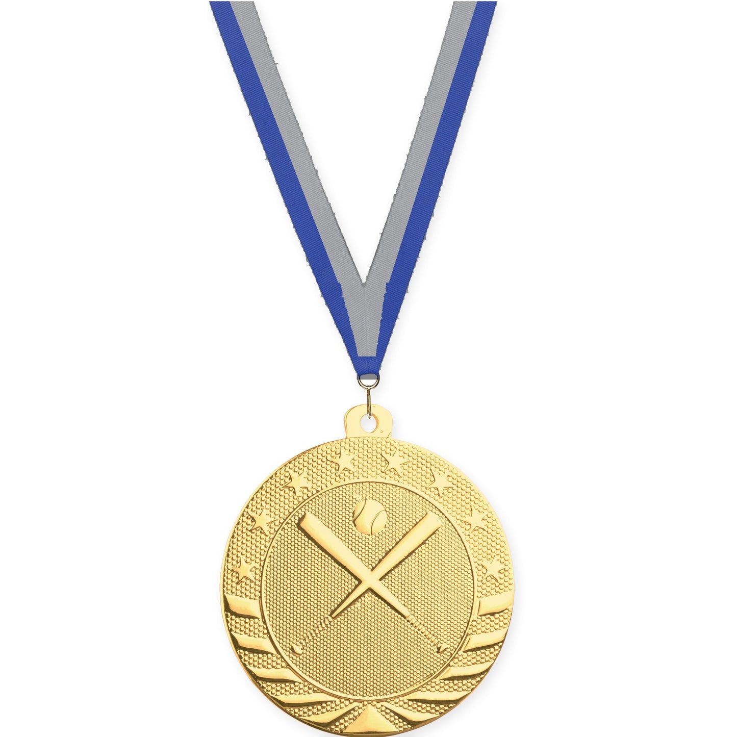 2 inch baseball and softball Starbrite medal in bright gold with Blue Gray neck ribbon
