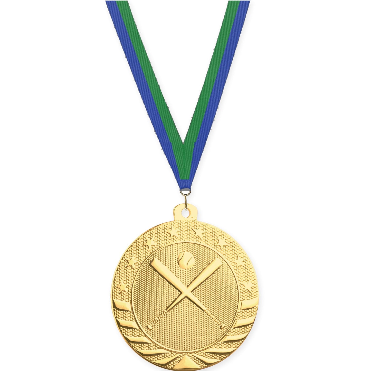 2 inch baseball and softball Starbrite medal in bright gold with Blue Green neck ribbon