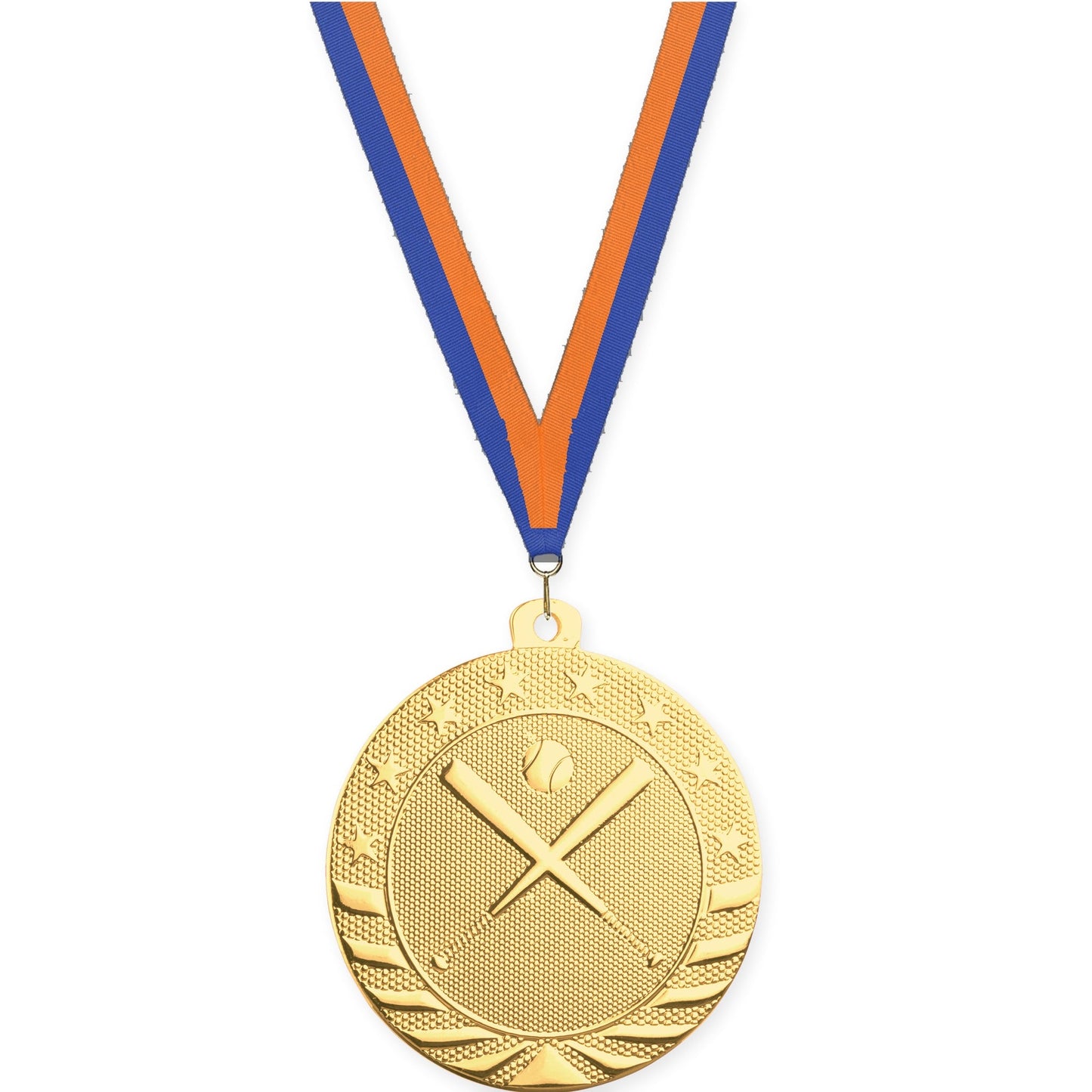 2 inch baseball and softball Starbrite medal in bright gold with Blue Orange neck ribbon