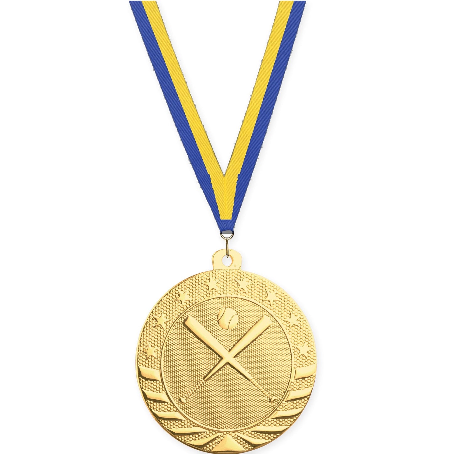 2 inch baseball and softball Starbrite medal in bright gold with Blue Yellow neck ribbon