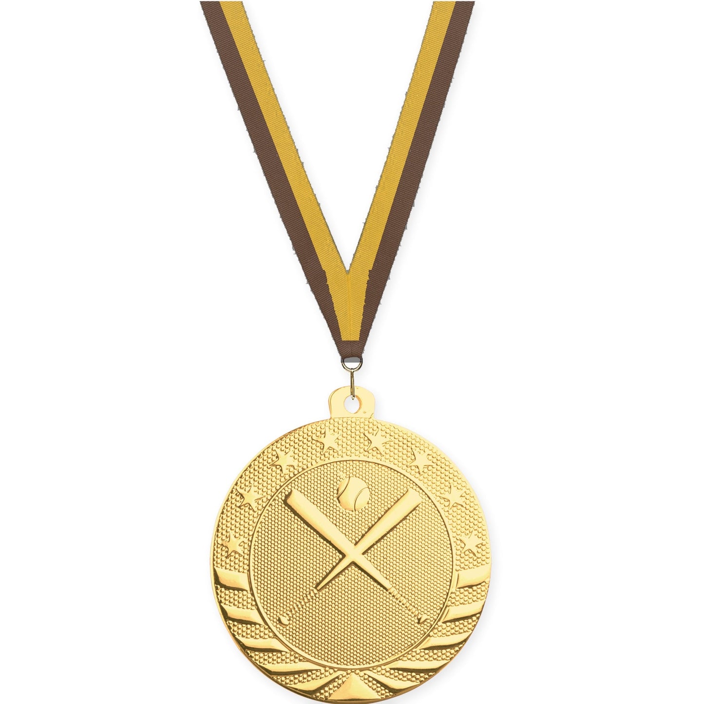 2 inch baseball and softball Starbrite medal in bright gold with Brown Gold neck ribbon