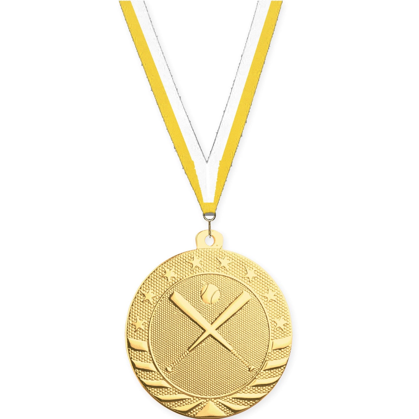 2 inch baseball and softball Starbrite medal in bright gold with Yellow White neck ribbon