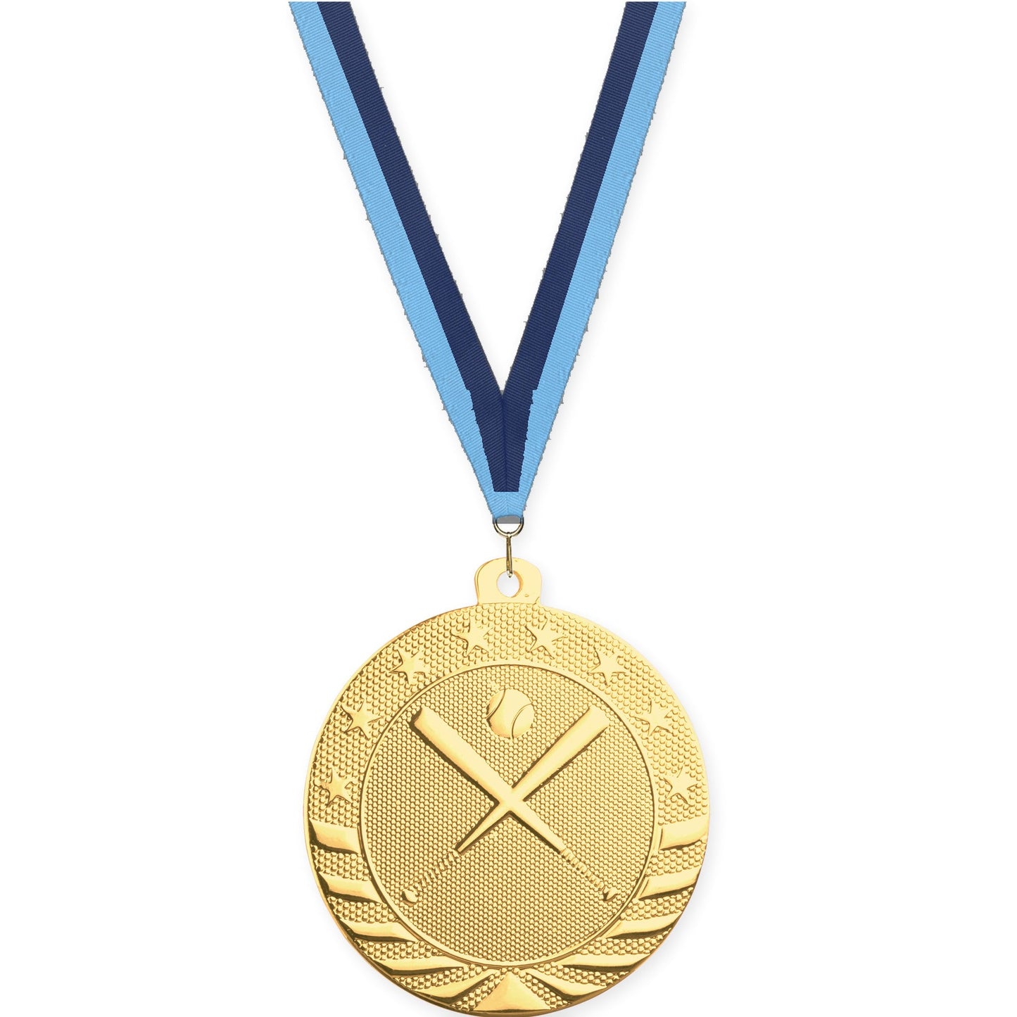 2 inch baseball and softball Starbrite medal in bright gold with Light Blue Navy neck ribbon