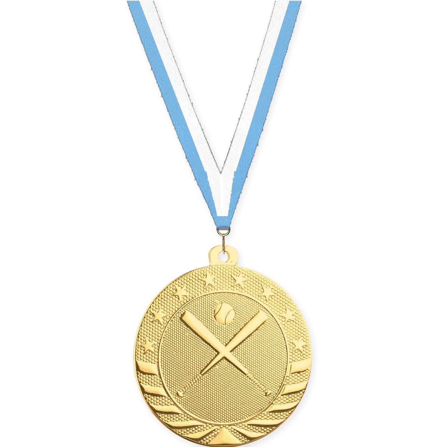 2 inch baseball and softball Starbrite medal in bright gold with Light Blue White neck ribbon