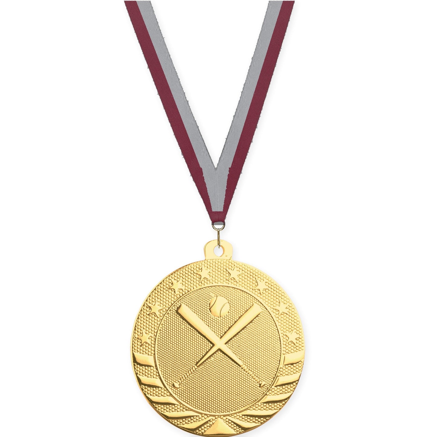 2 inch baseball and softball Starbrite medal in bright gold with Maroon Gray neck ribbon