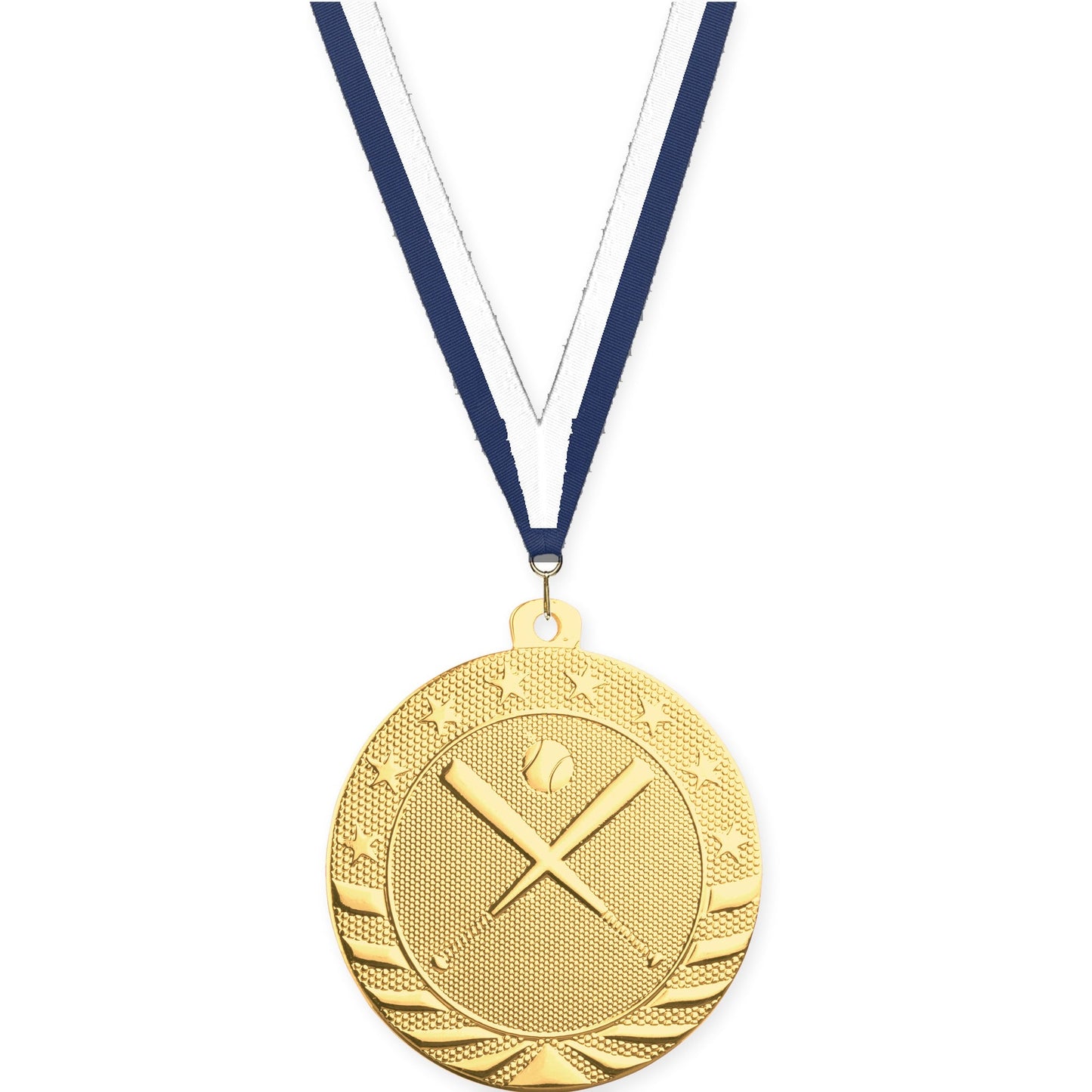 2 inch baseball and softball Starbrite medal in bright gold with Navy White neck ribbon