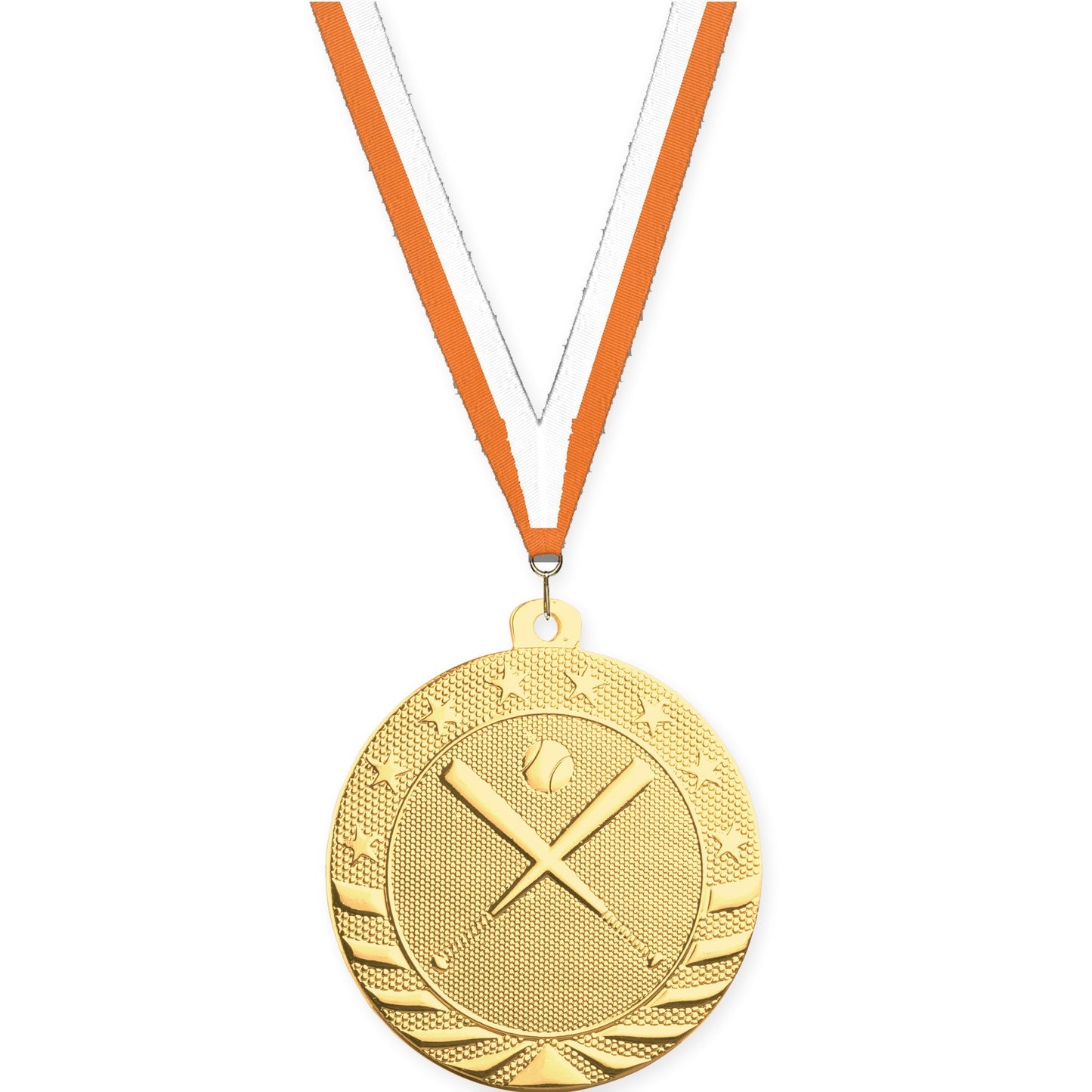 2 inch baseball and softball Starbrite medal in bright gold with Orange White neck ribbon