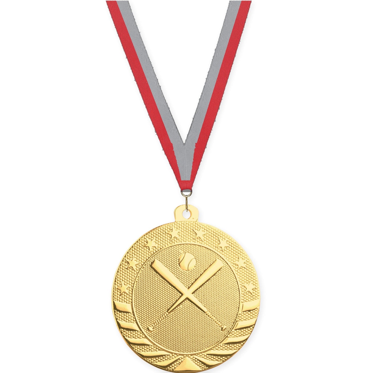 2 inch baseball and softball Starbrite medal in bright gold with Red Gray neck ribbon