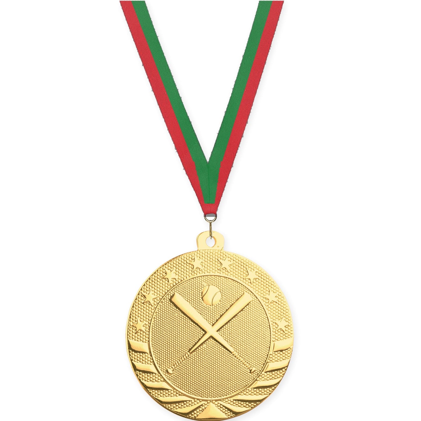 2 inch baseball and softball Starbrite medal in bright gold with Red Green neck ribbon