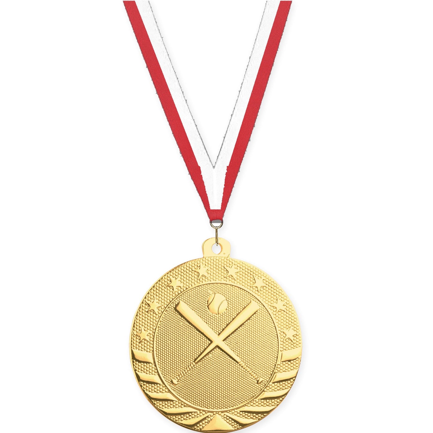 2 inch baseball and softball Starbrite medal in bright gold with Red White neck ribbon