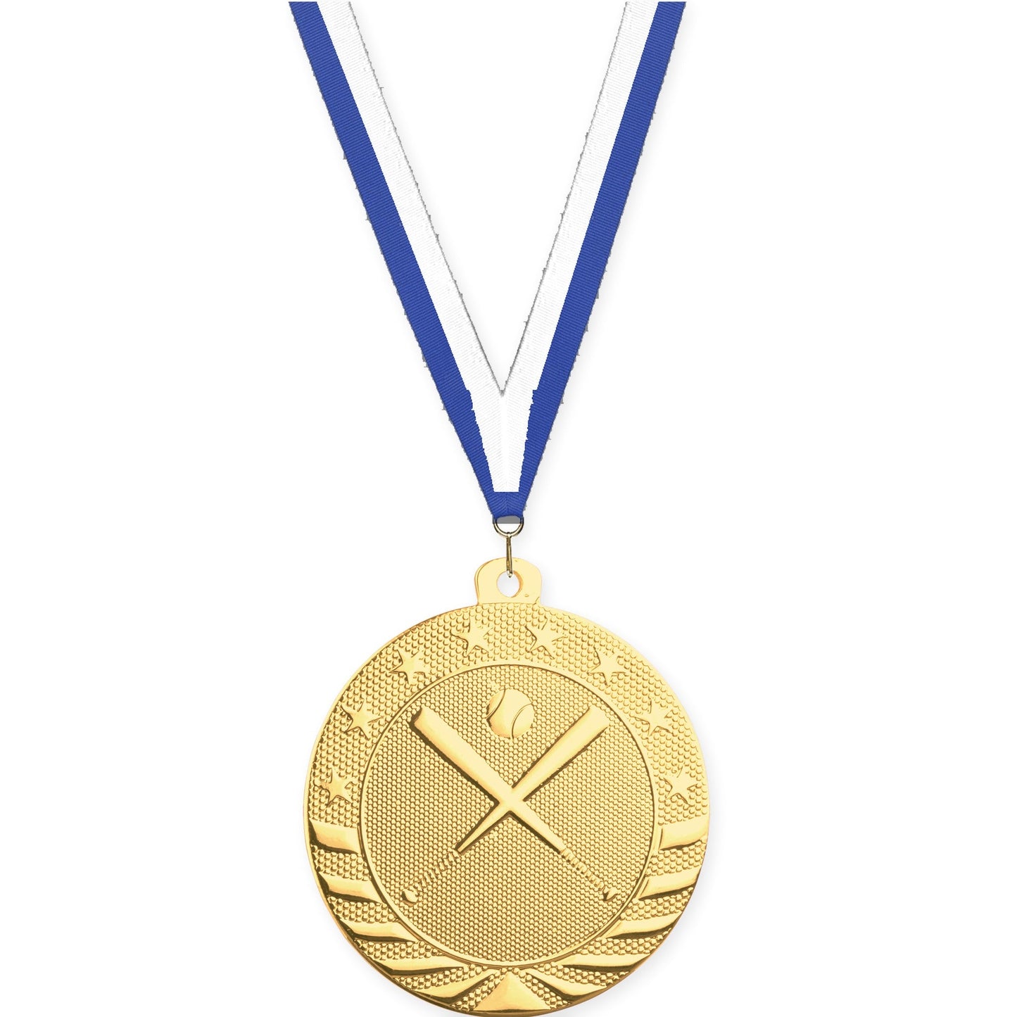 2 inch baseball and softball Starbrite medal in bright gold with Blue White neck ribbon