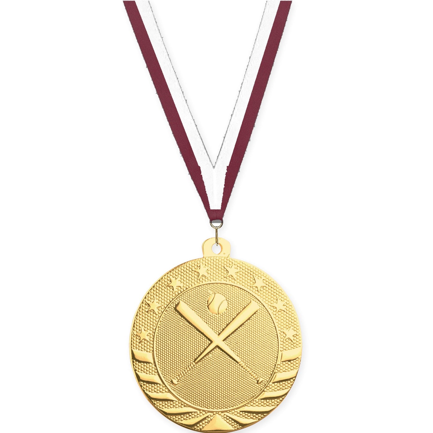 2 inch baseball and softball Starbrite medal in bright gold with Maroon White neck ribbon