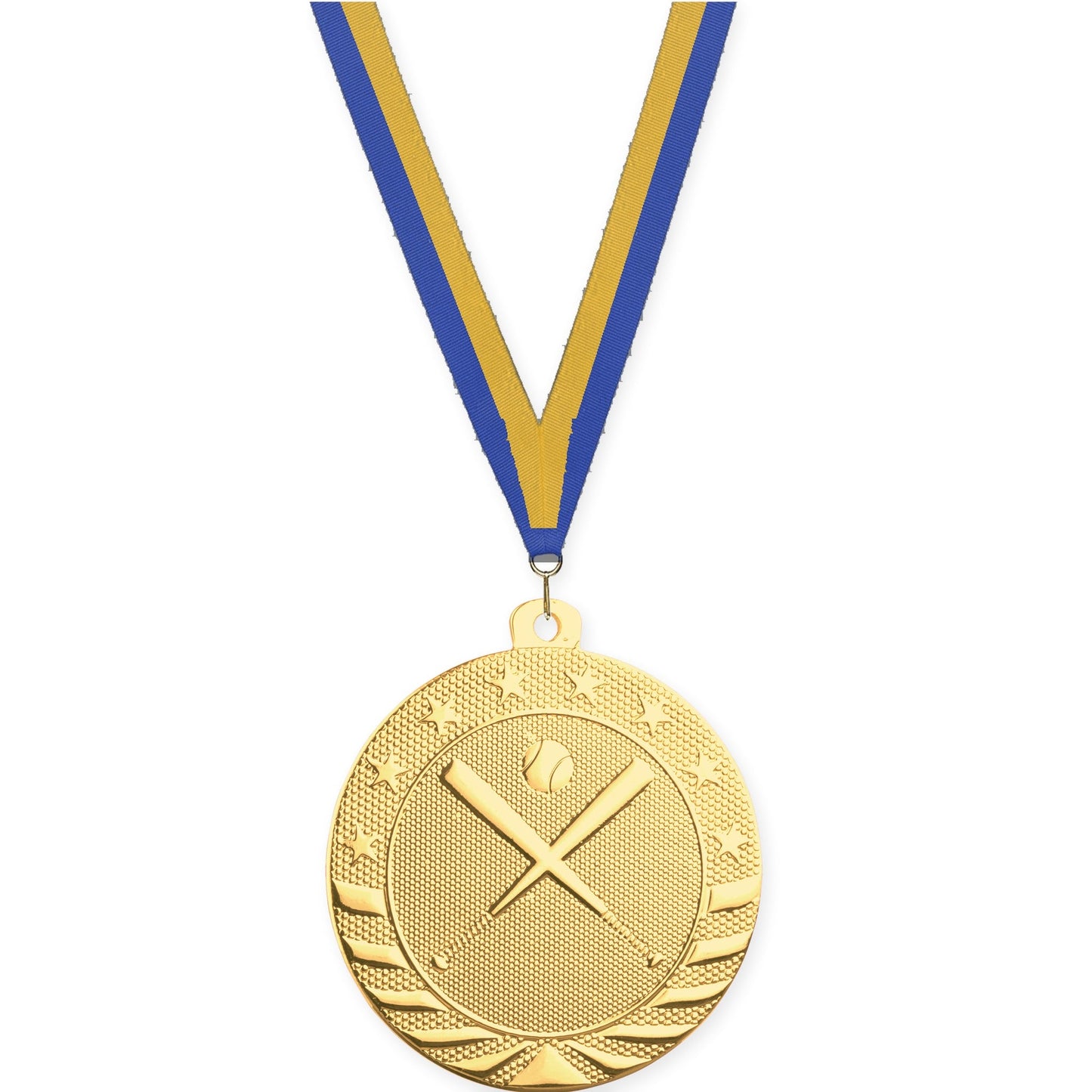 2 inch baseball and softball Starbrite medal in bright gold with Blue Gold neck ribbon