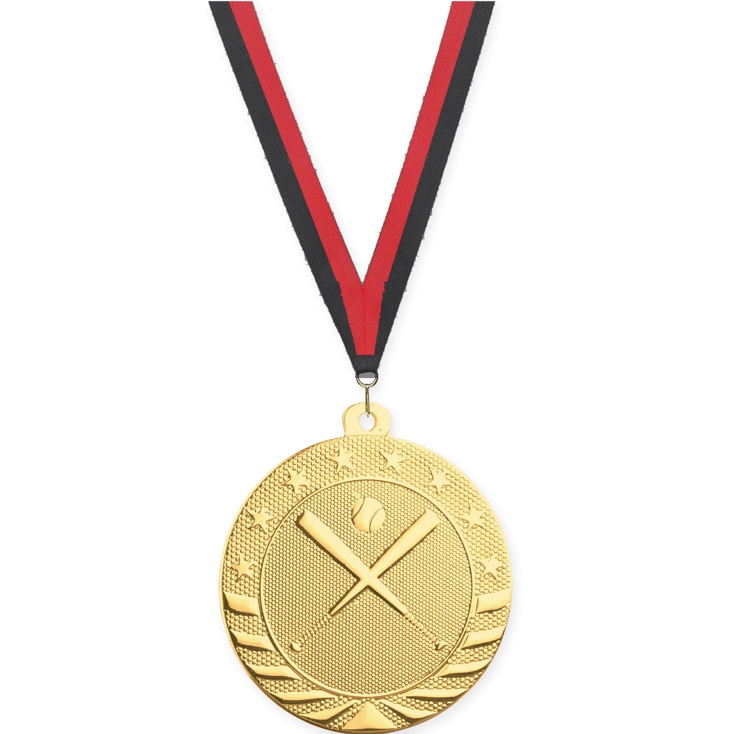 2 inch baseball and softball Starbrite medal in bright gold with Black Red neck ribbon