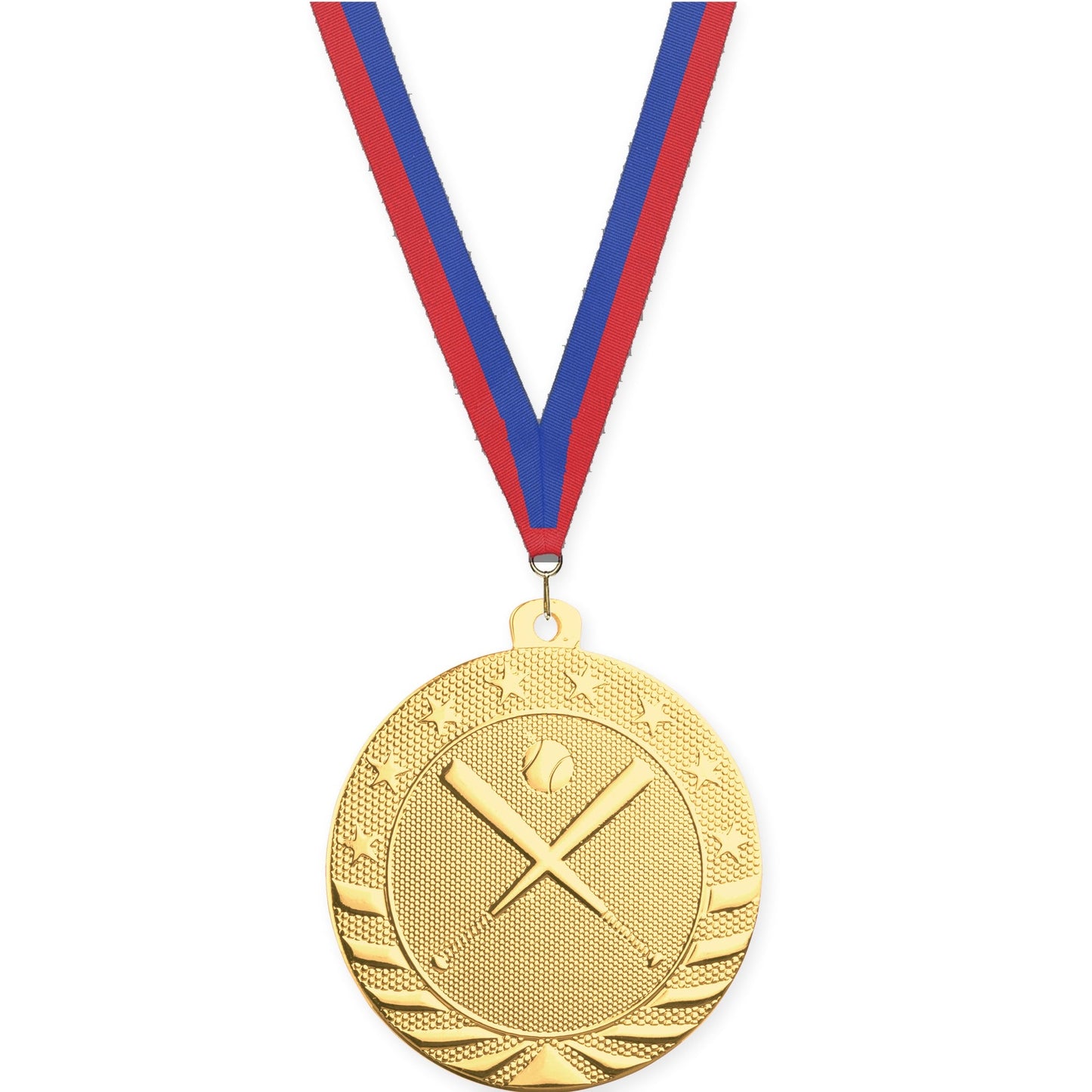 2 inch baseball and softball Starbrite medal in bright gold with Blue Red neck ribbon