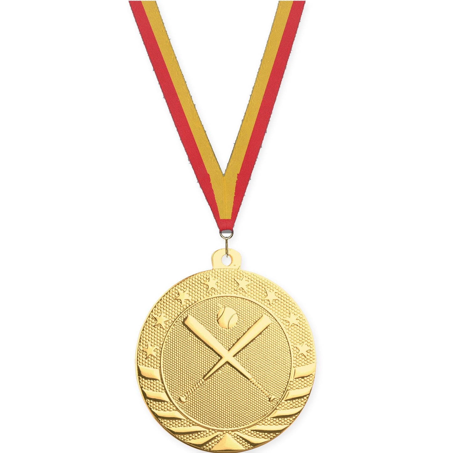 2 inch baseball and softball Starbrite medal in bright gold with Red Gold neck ribbon