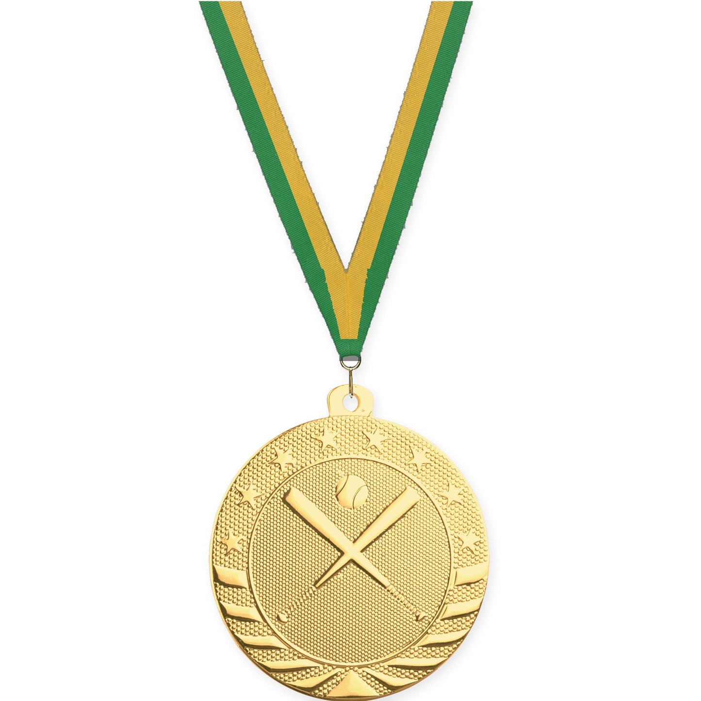 2 inch baseball and softball Starbrite medal in bright gold with Green Gold neck ribbon